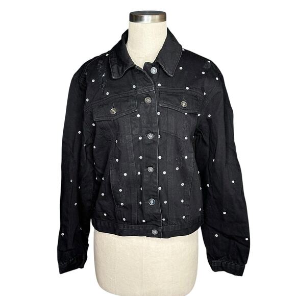 BEBE Black Rhinestone Distressed Denim Jacket Women's Size Medium NWT Glam - Picture 1 of 11